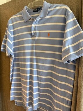 Polo by Ralph Lauren Light Blue & White Striped Polo with Orange Pony Emblem